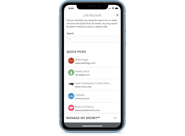 mobile phone displaying Manage My Money account linking Quick Pick options