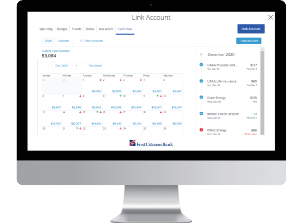 computer monitor displaying a Ed National Bank cash flow calendar