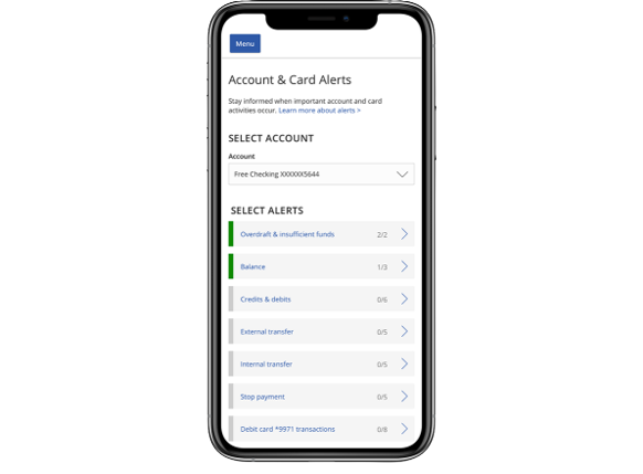 mobile phone displaying Ed National Bank Account and Card Alerts selection options