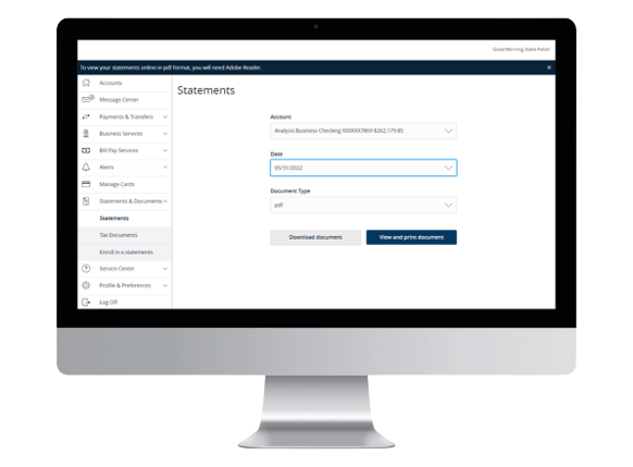 desktop screen showing small business digital banking account statements