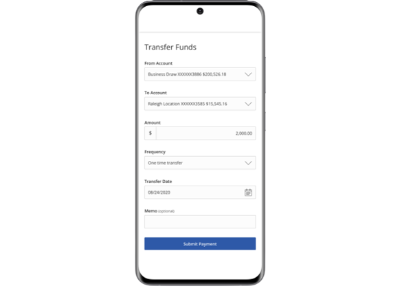 mobile phone displaying Ed National Bank Transfer Funds form