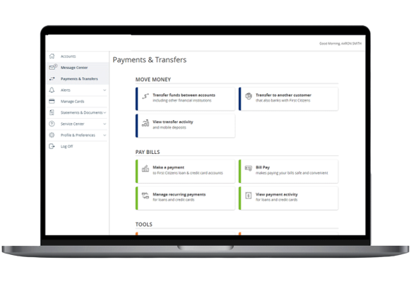 Laptop screen showing Payments and Transfers overview