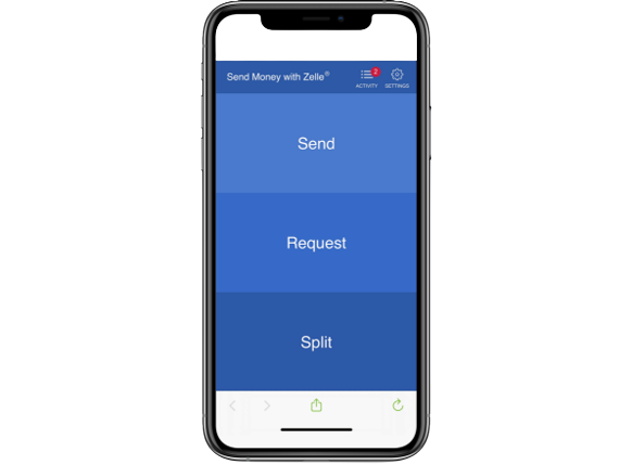 Mobile screen showing send, request and split options to send money with Zelle