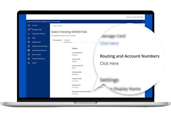 Ed National Bank Digital Banking dashboard displaying where routing and account numbers can be accessed by pressing the Click Here link under the Routing and Account Numbers section, within the Details tab